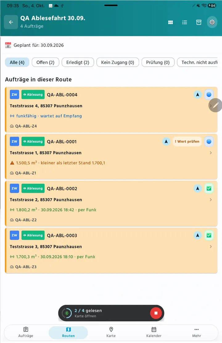 Komtex-App: Ableseaufträge einer Route mit per Funk empfangenen Zählerständen